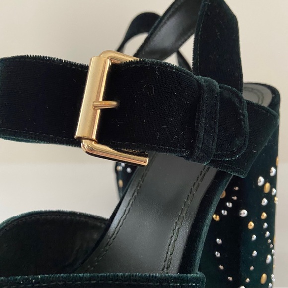 MAJE Studded Dark Green Velvet Platform Sandals - Picture 11 of 16